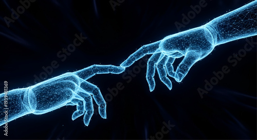 Human and robot hands reaching out for digital connection concept