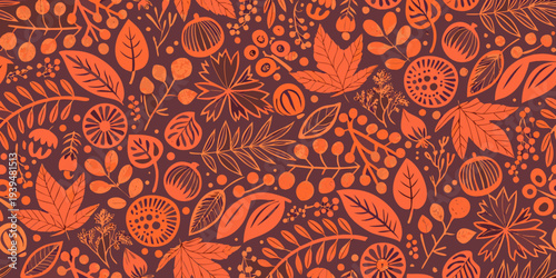A vibrant autumn floral pattern with leaves berries and botanical elements