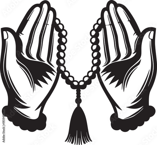Prayer Hands with Rosary Vector – Black and White Religious Symbol .