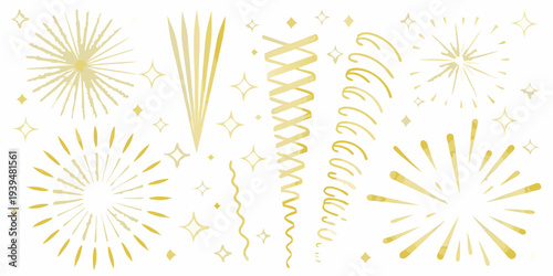 Golden fireworks and sparkling starbursts on a white background