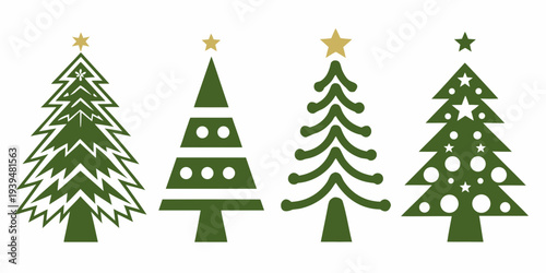 Four stylized christmas trees in varying shades of green are displayed