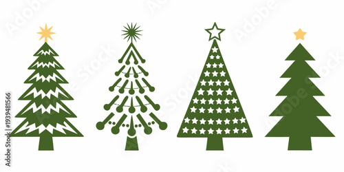 Four stylized christmas trees with varying designs and star toppers