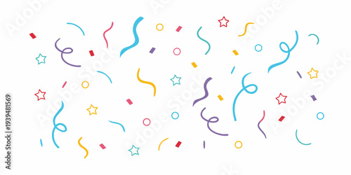 Colorful confetti and star shapes scattered across a white background