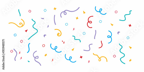 Colorful confetti streams and shapes scattered on a plain white background