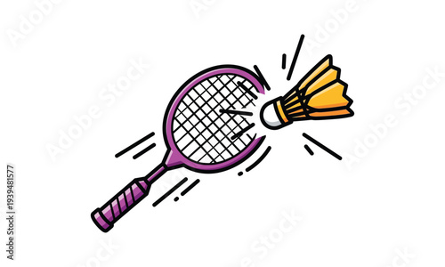 Badminton racket hitting shuttlecock with energetic motion lines