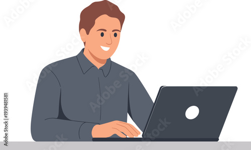 Happy young man working on laptop computer at desk for freelance business and remote education concept flat vector illustration