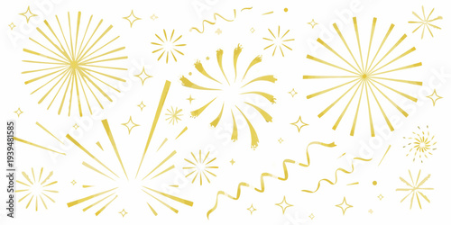 Golden fireworks and sparkling stars against a clean white background