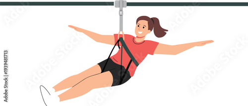 Happy young woman enjoying zipline adventure outdoor activity minimalist flat vector illustration isolated on white background for travel and leisure