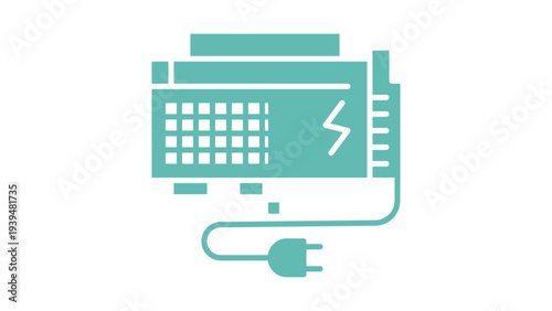 Modern server connected to a power outlet with lightning bolt symbol.