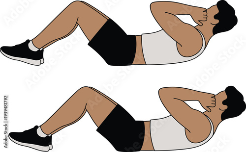 Illustration of a man performing abdominal crunches exercise showing starting and ending positions