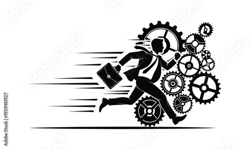Businessman running with gears and cogs showing speed and progress