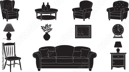 A collection of furniture items including a sofa, armchairs, tables, and lamps displayed from a straightforward viewpoint