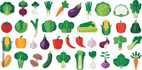 Large collection of fresh organic vegetable icons in flat design style including tomato carrot corn eggplant pepper and leafy greens for healthy food concept