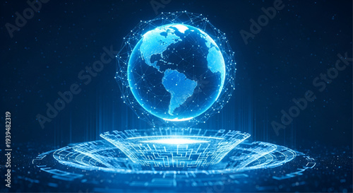 Futuristic earth hologram on digital platform for global connectivity concept