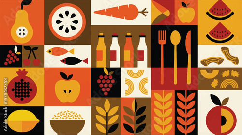 Vibrant food and drink icons in various colors and patterns