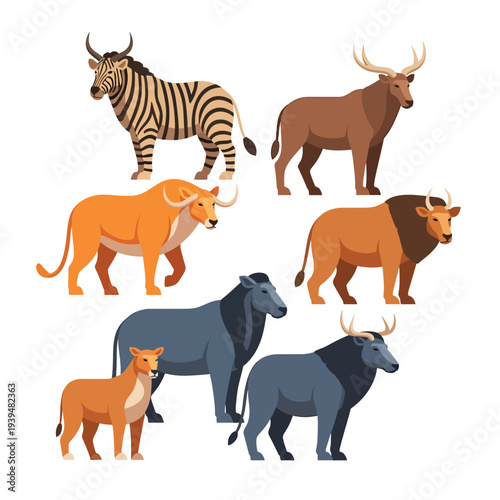 Collection of Various Wild Animals Standing.
