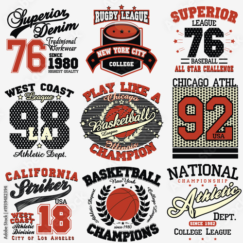 Vintage Sports and College Athletic Typography Emblem Vector Set