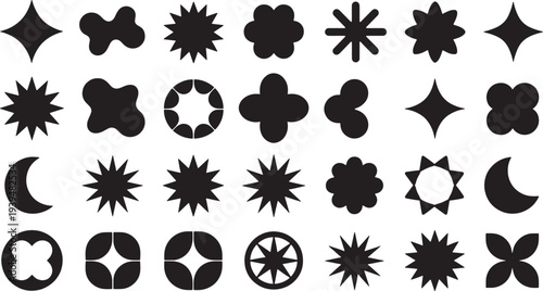 Collection of various black star and shape icons on white background