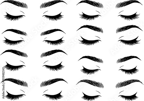 Collection of black and white stylized of closed eyes with detailed eyelashes and eyebrows