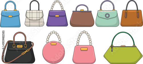 Minimalist fashion handbag vector set featuring various luxury purse styles and elegant tote bags for female accessory design