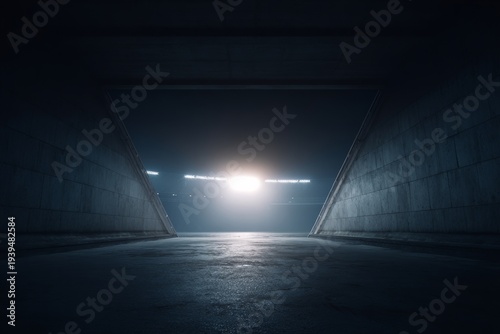 Dramatic stadium tunnel with bright light at the end