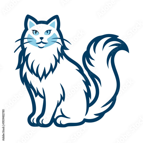 Illustrative Turkish Angora cat with long white fur, blue eyes, and prominent fluffy tail sitting elegantly. Turkish Angora cat portrait captures feline grace and refined features.
