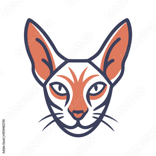 Oriental shorthair cat illustration with prominent big ears, stylized oriental shorthair cat head drawing, elegant lines, almond eyes, concept oriental shorthair for pet shop, veterinary clinic.
