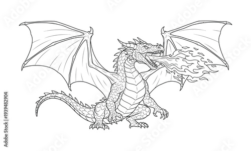 Fierce dragon breathing fire, mythological creature, fantasy art