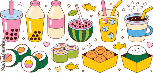 Minimalist Vector Line Art Illustration of Bubble Tea Cups with Boba Pearls and Straws for Modern Cafe Branding and Menu Design