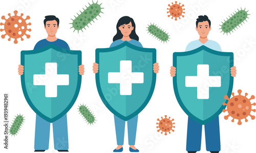 Minimalist Vector Line Art Illustration of Diverse People Holding Medical Shields for Healthcare Immunity Protection and Virus Defense Concept
