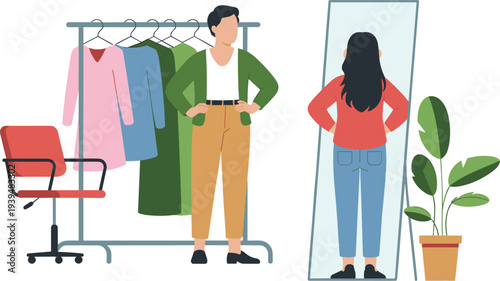 Minimalist Vector Line Art Illustration of Woman Trying on Clothes in Front of Mirror with Clothing Rack for Fashion Branding