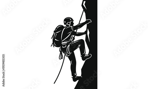 Mountain climber climbing up cliff in safety harness and helmet vector