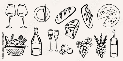 A collection of hand drawn food and drink items in black and white