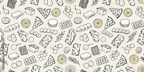 A seamless pattern of hand drawn desserts and fruit slices