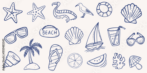 Collection of hand drawn summer and beach themed doodle illustrations