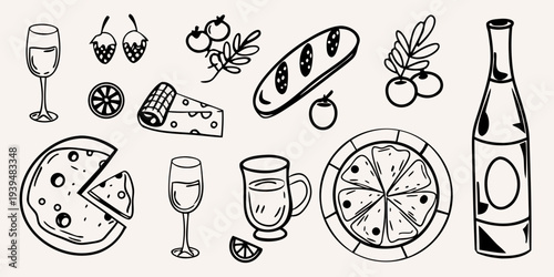 A collection of hand drawn food and drink items in black and white