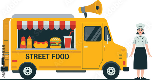 Modern flat illustration set featuring a bright yellow street food truck and marketplace stalls with friendly vendors and customers