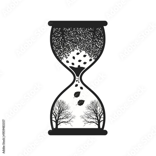 Hourglass with Falling Leaves and Trees Inside Representing Time and Nature.
