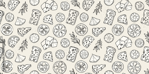 Doodle style pattern featuring citrus slices leaves and gift boxes