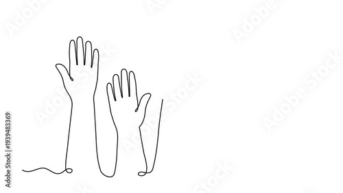 Raised hands one line art animation, hand-drawn group of hands continuous contour drawing motion, voting democracy participation, business teamwork support, volunteer community unity collaboration