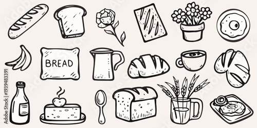 A collection of hand drawn breakfast and bakery themed illustrations