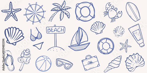 Collection of hand drawn summer beach themed doodles and illustrations