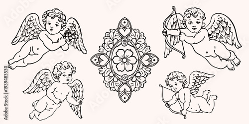 Vintage cherubic angels and floral heart design in black and white