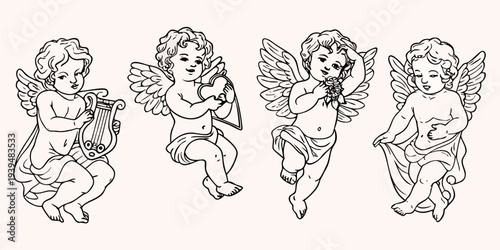 Vintage illustration of four cherubic angels with musical instruments