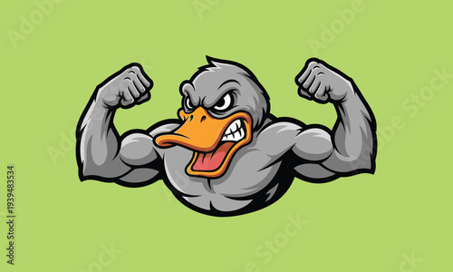 Muscular duck with strong arms posing aggressively on green background
