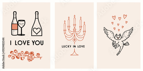 Three decorative panels featuring romantic symbols and celebratory themes