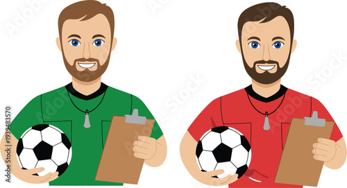 Professional male soccer coach holding football and clipboard wearing green and red jersey for sports training and athletic education