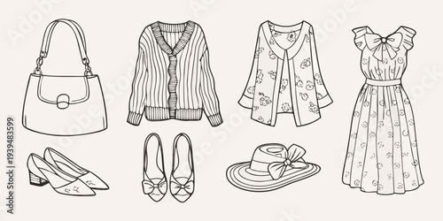 Hand drawn illustration of various women s clothing and accessories