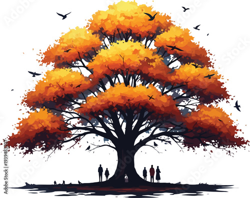 Autumn tree silhouette with football players in background american football soccer and gridiron football concepts