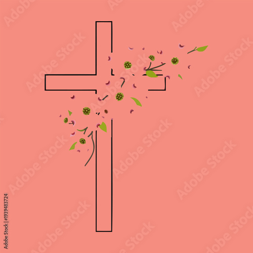 Christian cross with blooming flowers, spring floral design on pastel pink background, religion concept